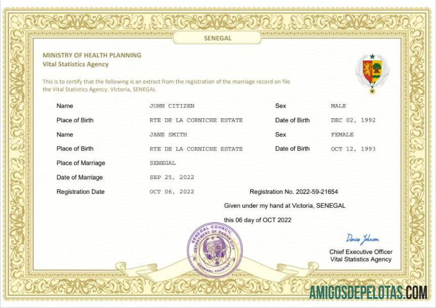 Em branco modelo Word e PDF de certidão de casamento do Senegal